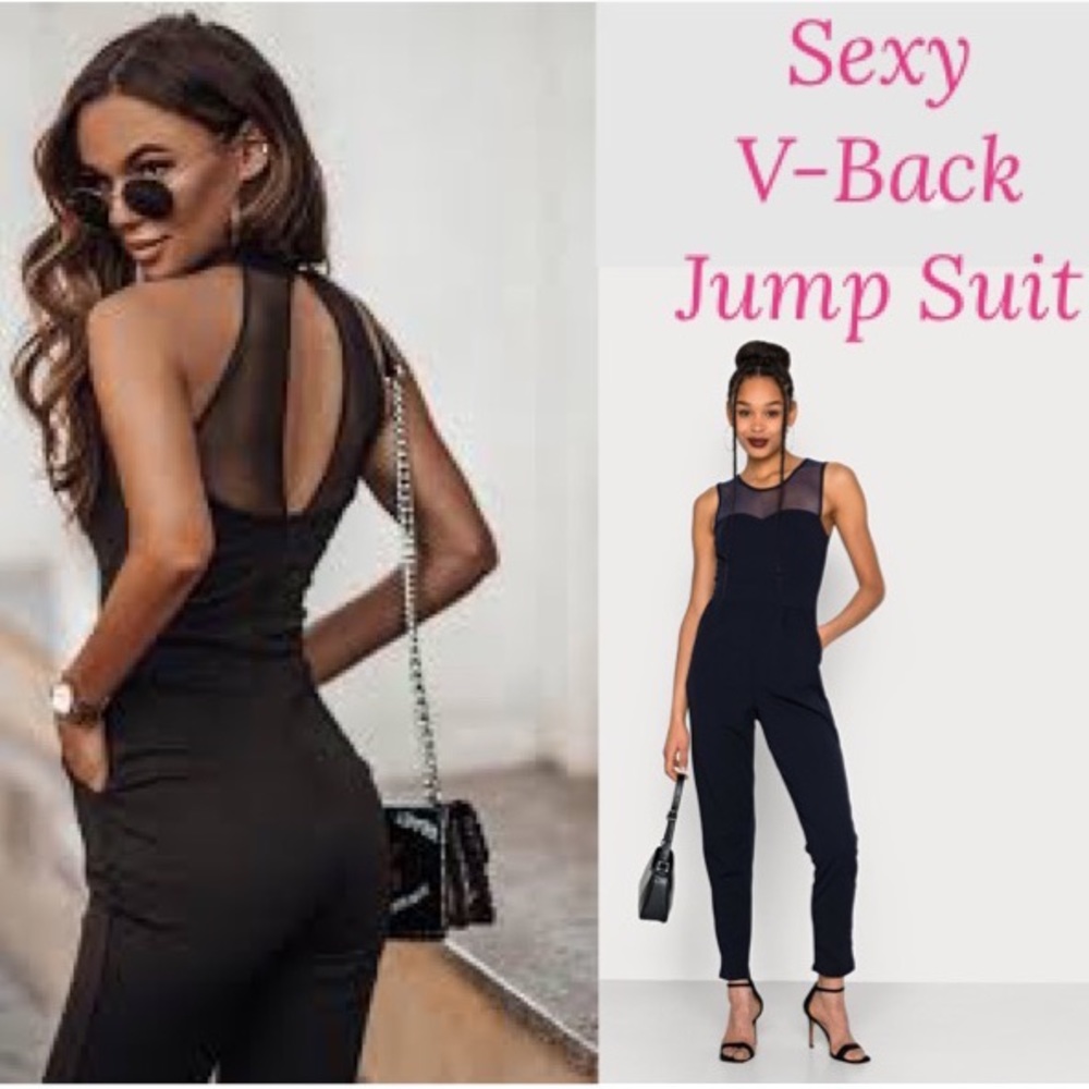 Sexy Jumpsuit Black One Piece Pantsuit Sexy V Back Womens Size Large
